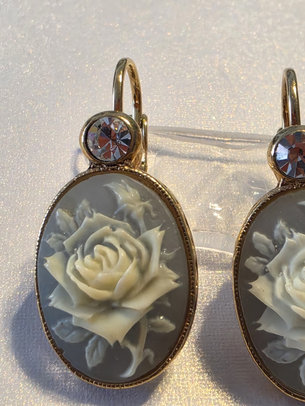 Avon Gold-Tone Cameo Rose Drop Earrings - Ivory Rose on Blue Gray - Picture 8 of 10